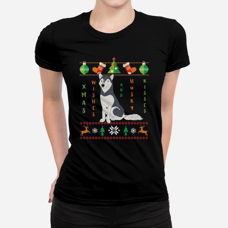 Funny Ugly Sweater Dog Christmas Wishes Husky Kisses Ladies Tee