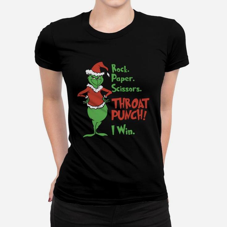 Grinch Rock Paper Scissors Throat Punch I Win Christmas Ladies Tee