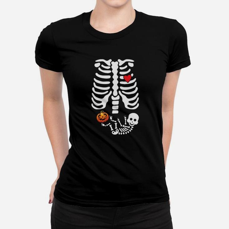 Halloween Umstands-Frauen Tshirt mit Lustigem Skelett, Rippen & Baby