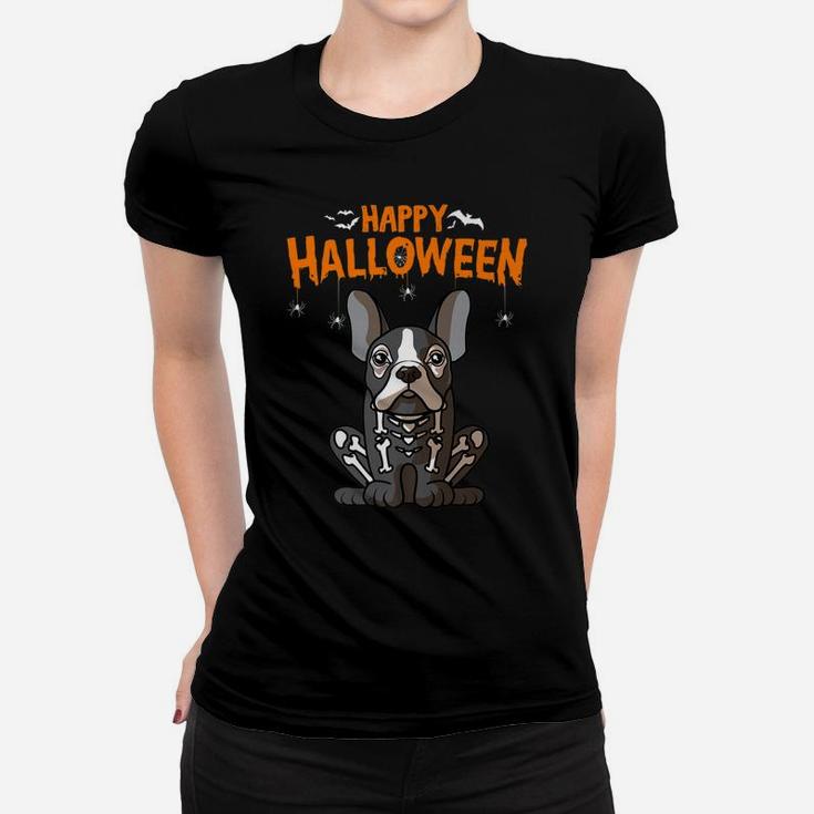 Happy Halloween French Bulldog Skeleton Dog Costume Ladies Tee