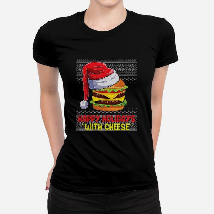 Happy Holidays With Cheese Funny Christmas Cheeseburger Ladies Tee