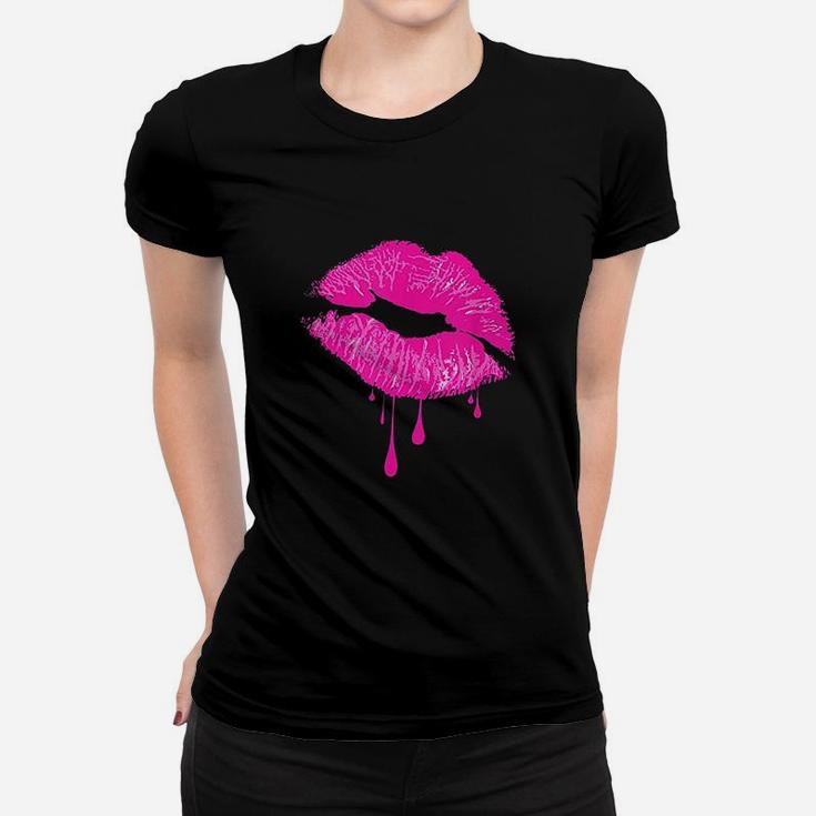 Hot Pink Lips Kiss 80s Retro Vintage Lipstick Party Ladies Tee