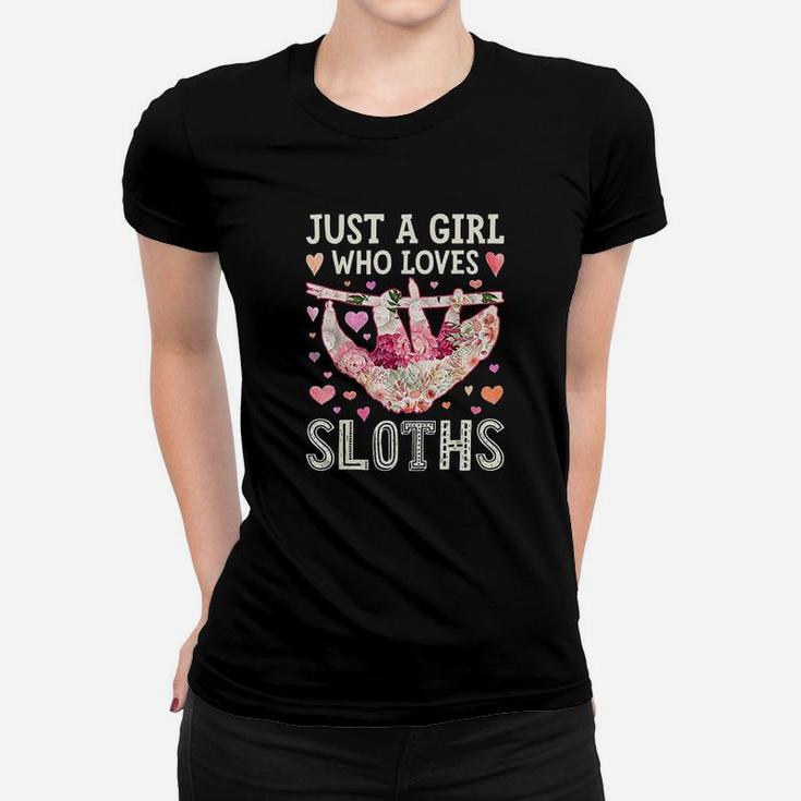 Just A Girl Who Loves Sloths Funny Sloth Silhouette Flower Ladies Tee