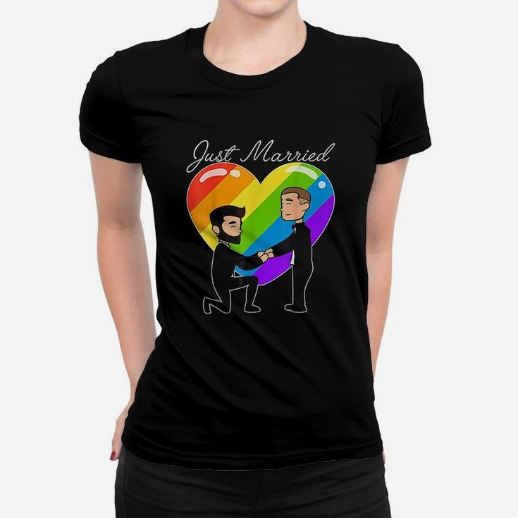 Just Married Gay Couple Just Married Rainbow Heart Women T-shirt