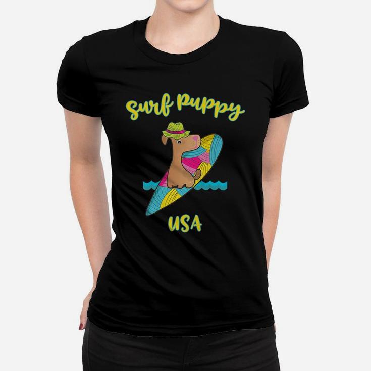 Kids Funny Surf Puppy For Kids Who Love Dogs Ladies Tee