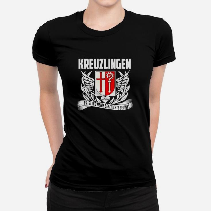 Kreuzlingen Flügel-Wappen Frauen Tshirt, Schwarz mit Stolz-Motto Design