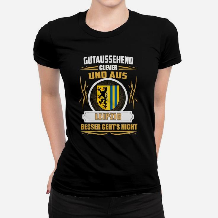 Leipzig-Fan Frauen Tshirt Schwarz, Stadtwappen & Slogan Design