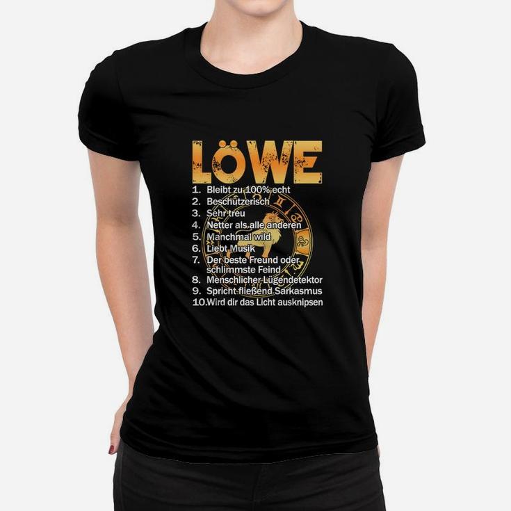 Löwe Sternzeichen Frauen Tshirt, Schwarz mit Goldtext, Eigenschaften Design