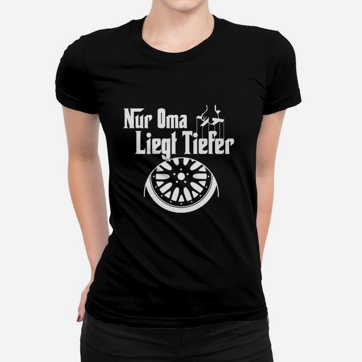 Lustiges Auto-Tuning-Fan Frauen Tshirt 'Nur Oma Liegt Tiefer', Felgen-Motiv