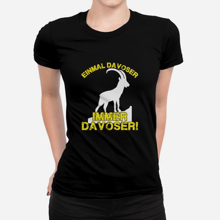 Lustiges Davoser Frauen Tshirt, Ziege-Motiv Einmal Davoser, immer Davoser - Schwarz