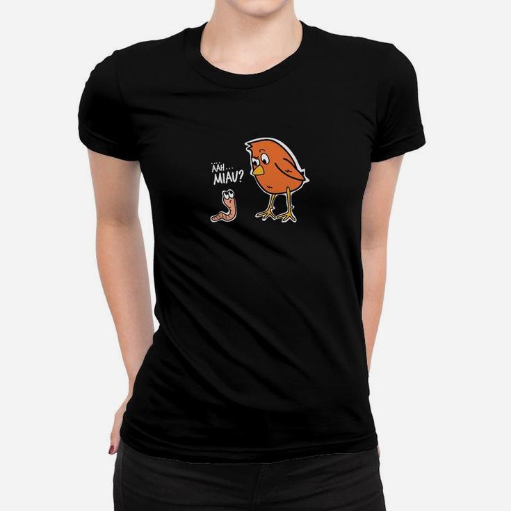 Lustiges Vogel & Wurm Frauen Tshirt Können Vögel Miauen?, Schwarzes Tee