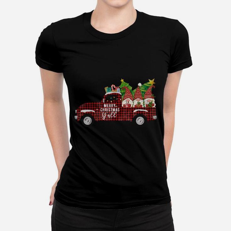 Merry Christmas Gnomes Red Plaid Truck Xmas Tree Happy Vacation Women T-shirt