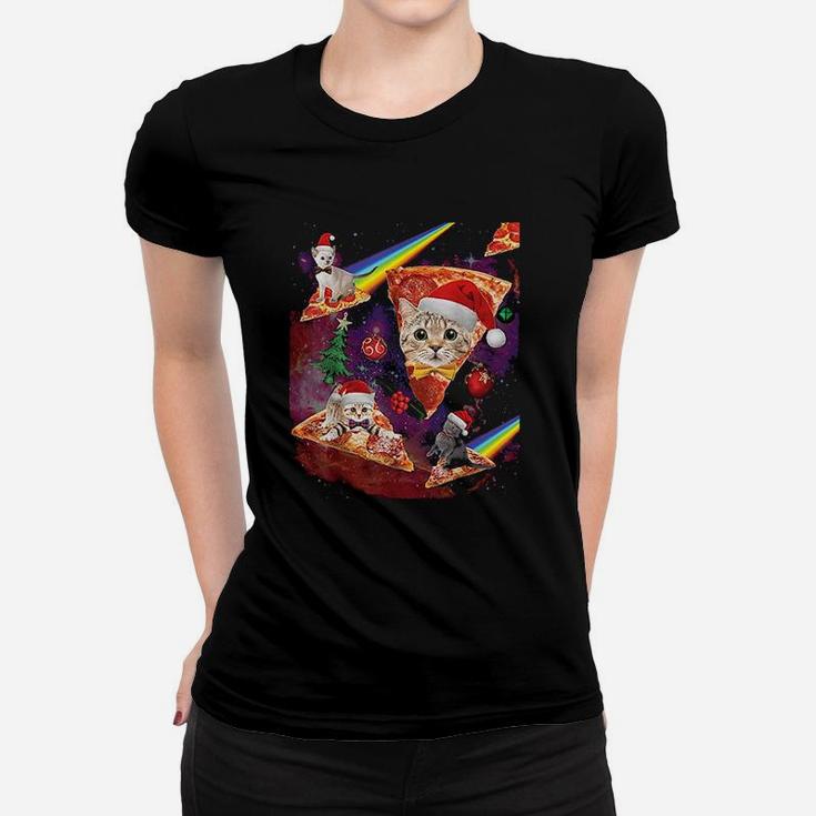Outer Space Christmas Cats Riding On Pizza Ladies Tee