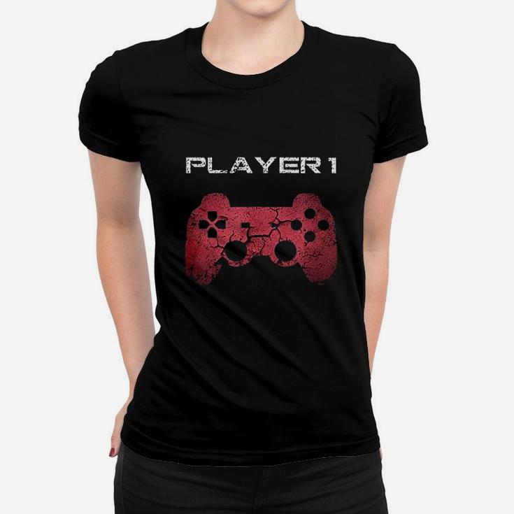 Player 1 Player 2 Gamer Gaming Matching Dad Son Couple Gift Women T-shirt