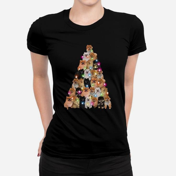 Pomeranian Dogs Lights Christmas Tree Shirt Ladies Tee