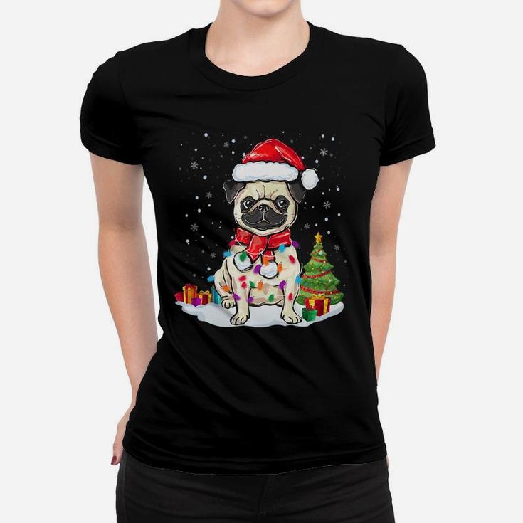 Pug Christmas Lights Funny Pug Dog Pajamas Gifts Ladies Tee