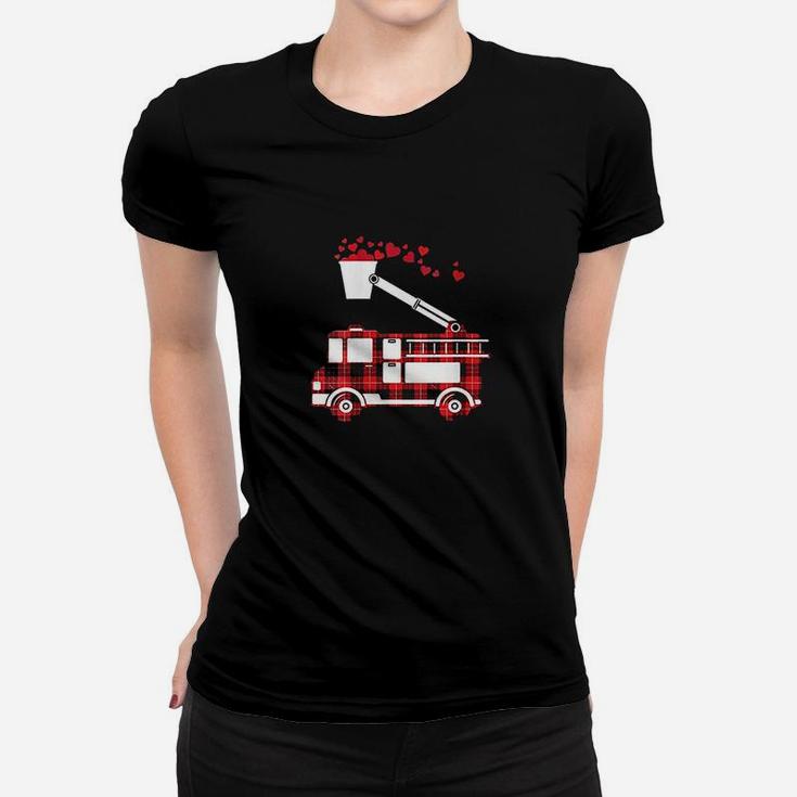 Red Plaid Fire Truck Funny Fireman Valentines Day Gift Women T-shirt