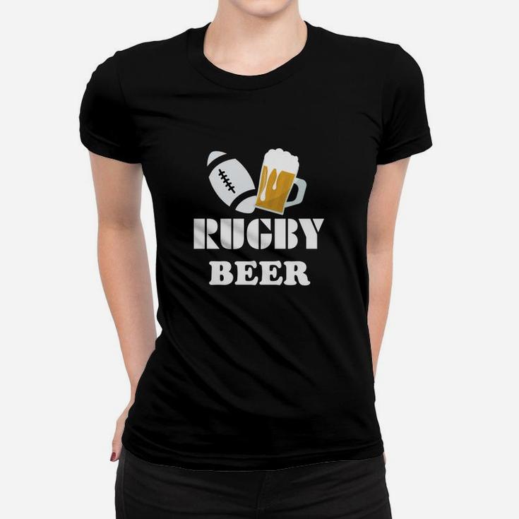 Rugby Beer Frauen Tshirt, Sportliches Frauen Tshirt mit Ball & Bier Motiv