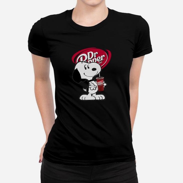 Schwarzes Dr. Pepper & Snoopy Frauen Tshirt, Witziges Motiv Tee