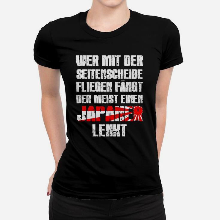 Schwarzes Frauen Tshirt Japser Lenker mit Seitenfenster-Spruch & Japanflagge