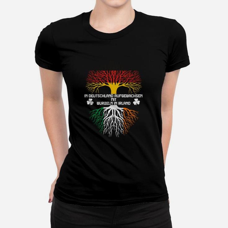 Schwarzes Frauen Tshirt mit Deutschland-Irland Wurzel-Motiv, Heimatliebe Spruch