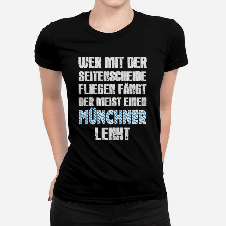 Schwarzes Frauen Tshirt mit Münchner Spruch, Weiß-Blau Design