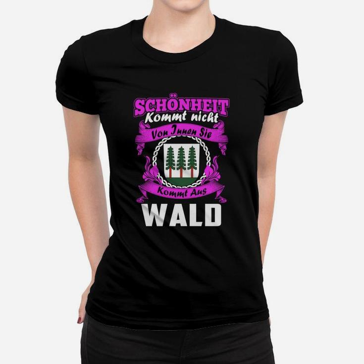 Schwarzes Frauen Tshirt mit Naturmotiv, Spruch über Waldschönheit