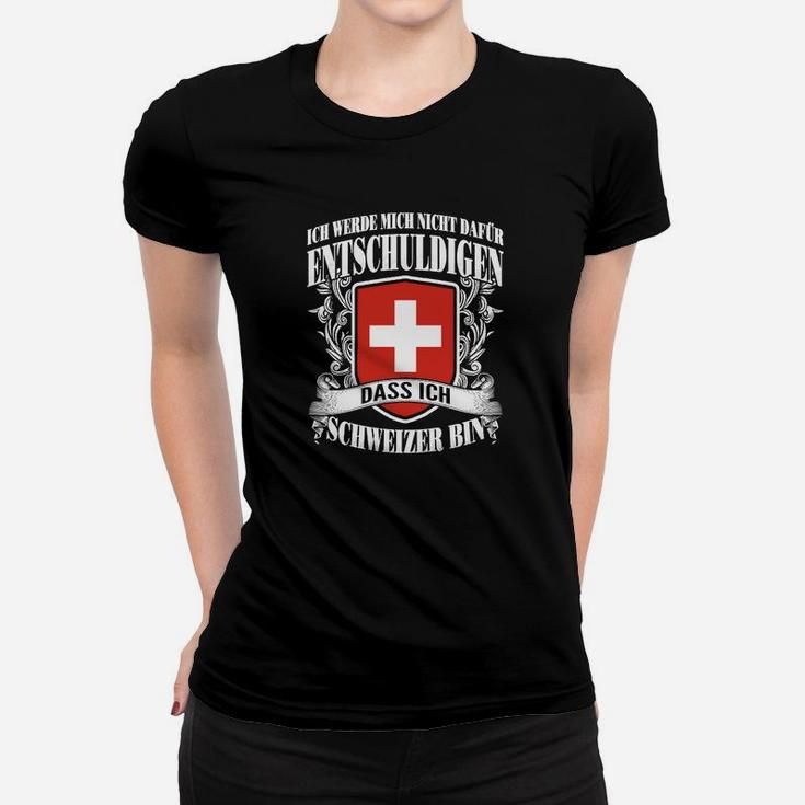 Schwarzes Frauen Tshirt mit Schweizer Kreuz, Stolz Schweizer zu sein Spruch