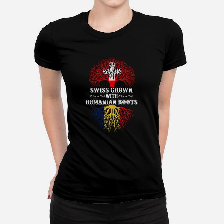 Schweizer Wurzeln Rumänisches Herz Grafik-Frauen Tshirt, Unikat Design Tee