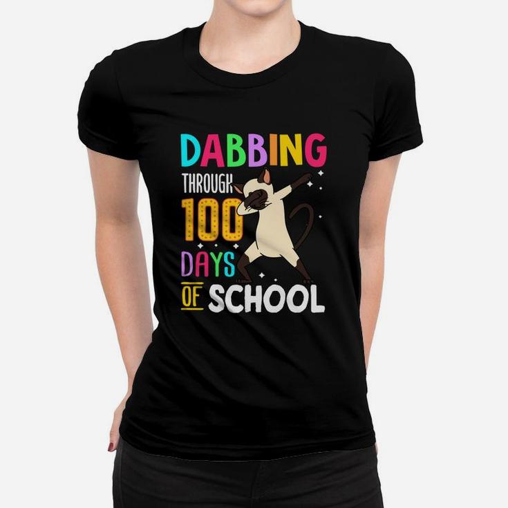 Siamese Dabbing Through 100 Days Of School Colorful Cat Lovers Funny Student Ladies Tee