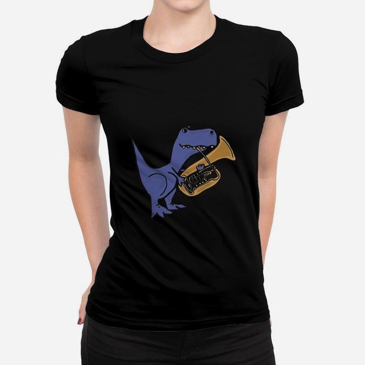 Smiletodaytees Funny T-rex Dinosaur Playing Tuba T-shirt Ladies Tee