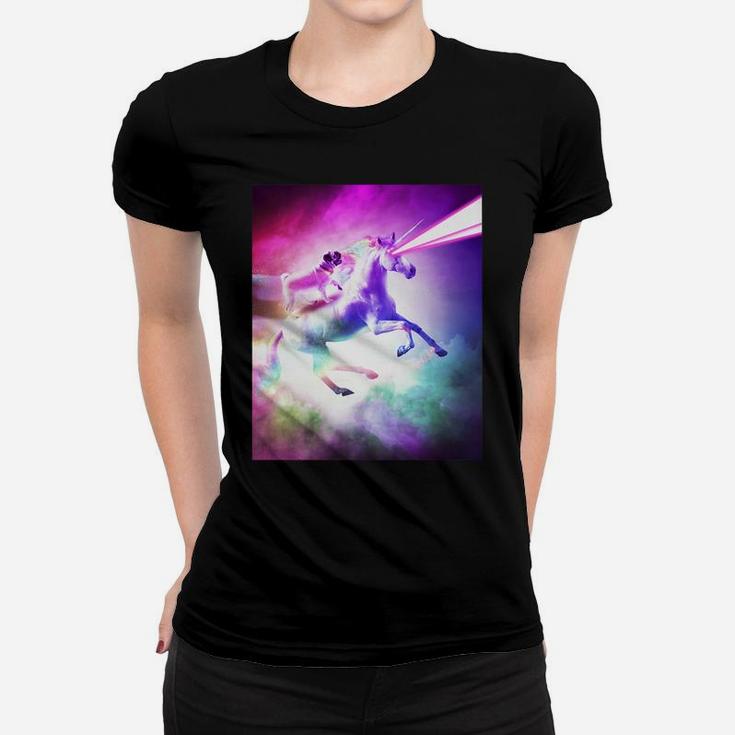 Space Pug On Flying Rainbow Unicorn With Laser Eyes Ladies Tee