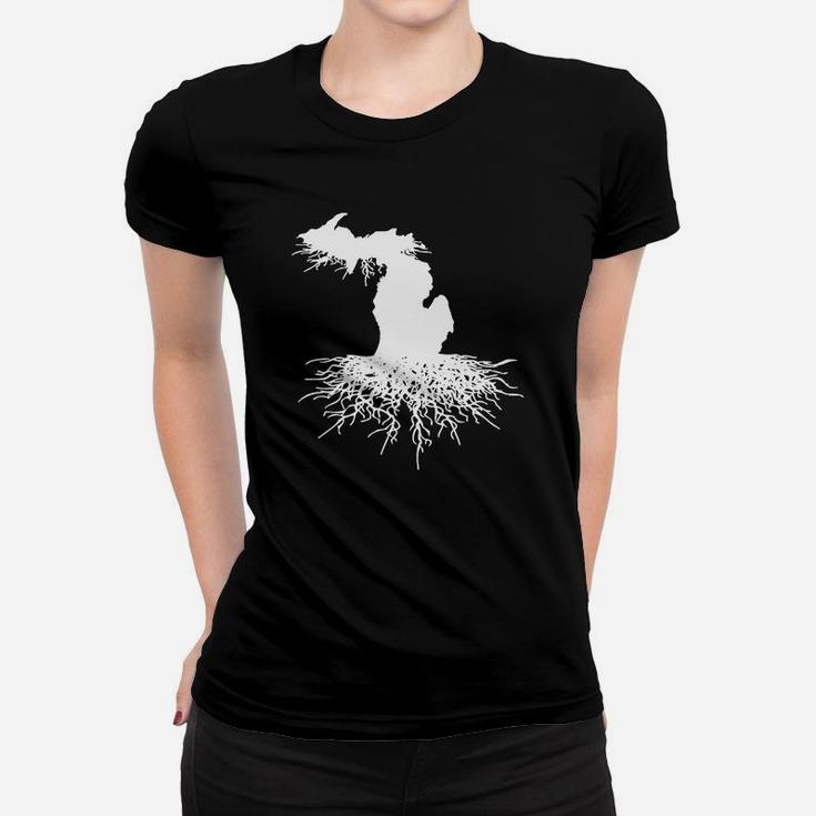 State Of Michigan Rooted Vector Roots Silhouette Ladies Tee
