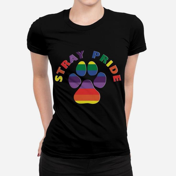 Stray Pride Rainbow Paw Print Dog Adoption Ladies Tee