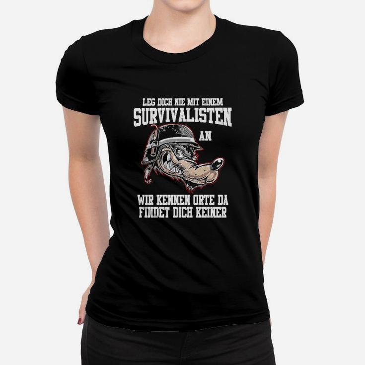 Survivalisten Frauen Tshirt Schwarz, Motiv mit Überlebensspruch