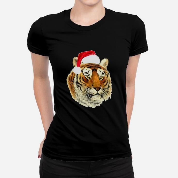 Tiger With Santa Hat Funny Christmas T-shirt Ladies Tee