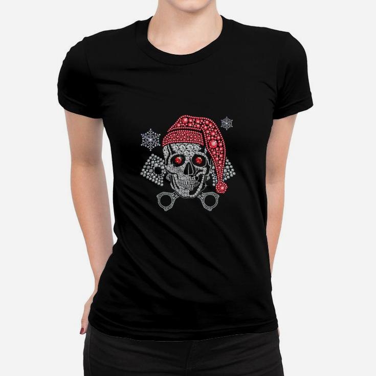 Totenkopf mit Weihnachtsmütze Frauen Tshirt, Strassdesign Motiv