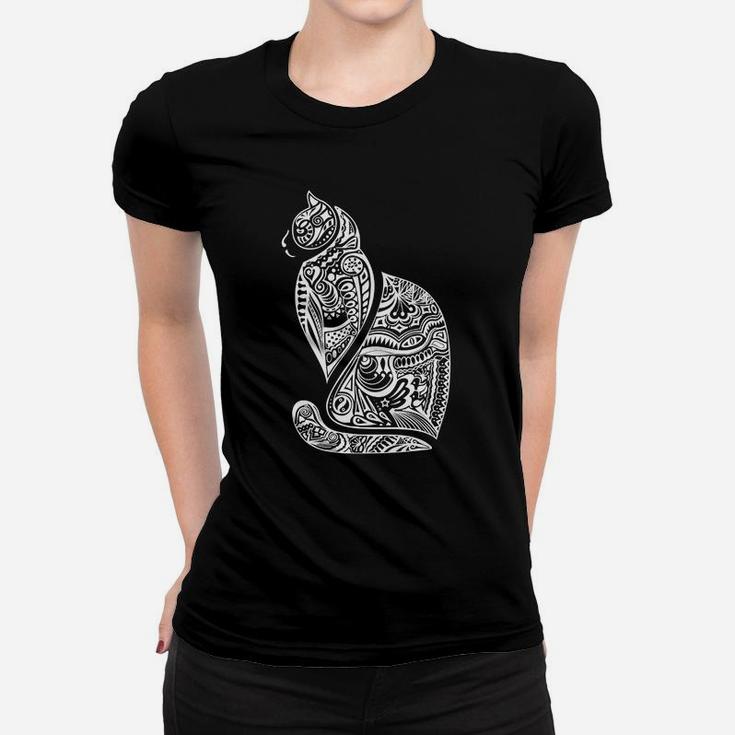 Tribal Katzen Design Schwarzes Herren Frauen Tshirt in Weiß