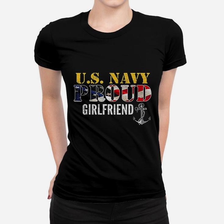 Us Proud Navy Girlfriend With American Flag Military Veteran Ladies Tee