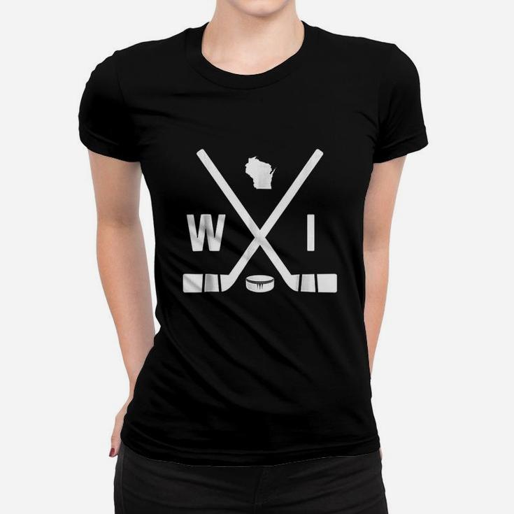 Vintage Wisconsin Hockey Sticks And Puck State Outline Ladies Tee