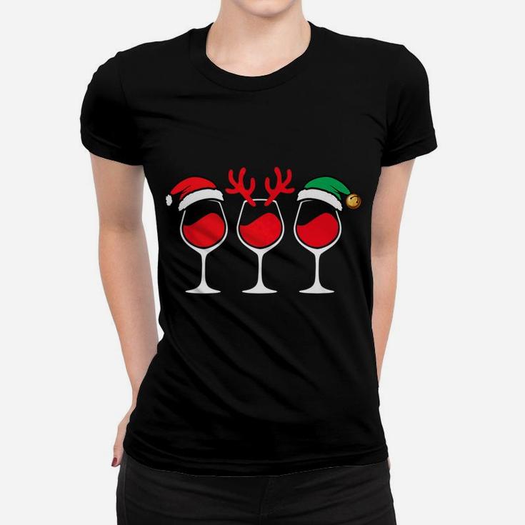 Wine Glass Christmas Elf Santa Hat Reindeer Antlers Ladies Tee