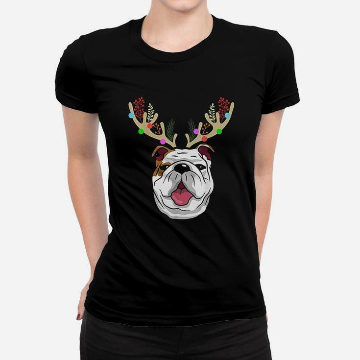 Xmas Funny Bulldogs With Antlers Christmas Ladies Tee