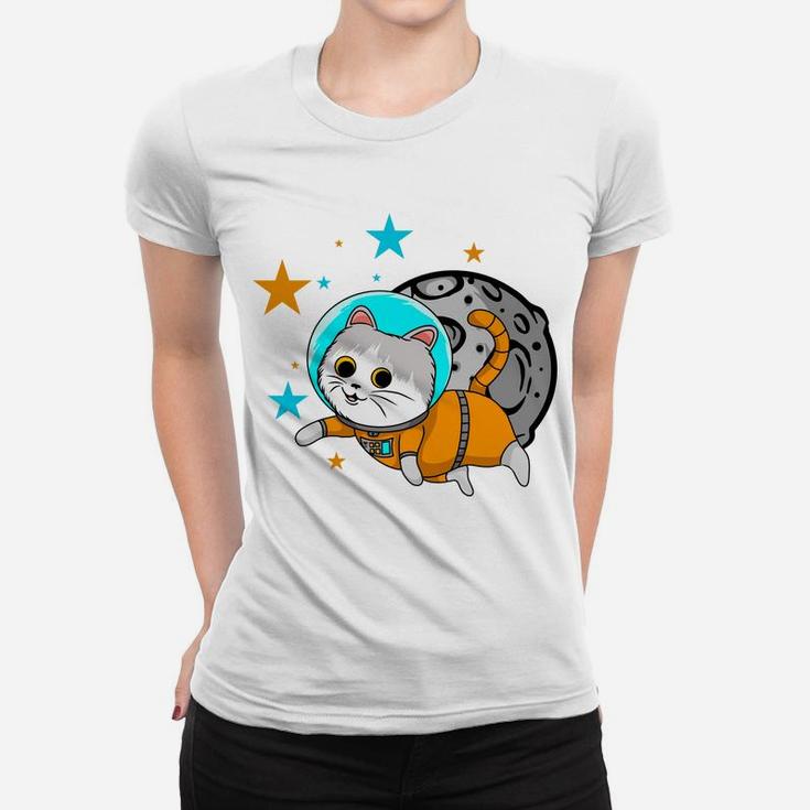 A Cute Cat Astronaut Flying In Space Cartoon Gift Women T-shirt
