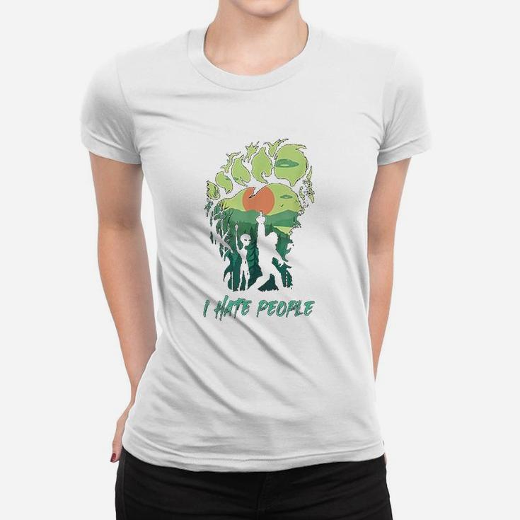 Alien Bigfoot Middle Finger I Hate People Funny Camping Gift Ladies Tee
