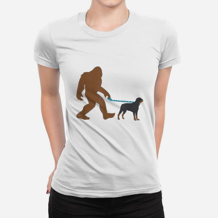 Bigfoot Walking Rottweiler Dog Funny Sasquatch Gift Ladies Tee