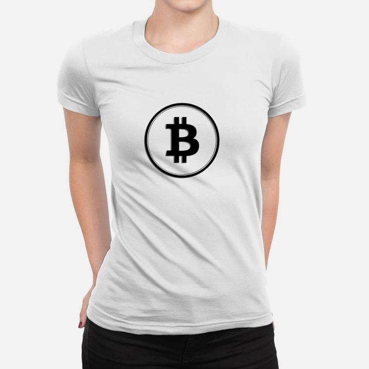 Bitcoin Logo Unisex Frauen Tshirt in Weiß, Krypto Mode