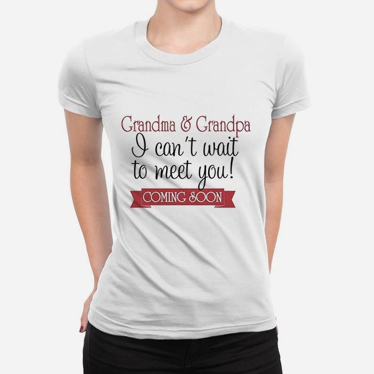 Cant Wait To Meet Grandparents Pregnancy Announcement Onepiece White Ladies Tee