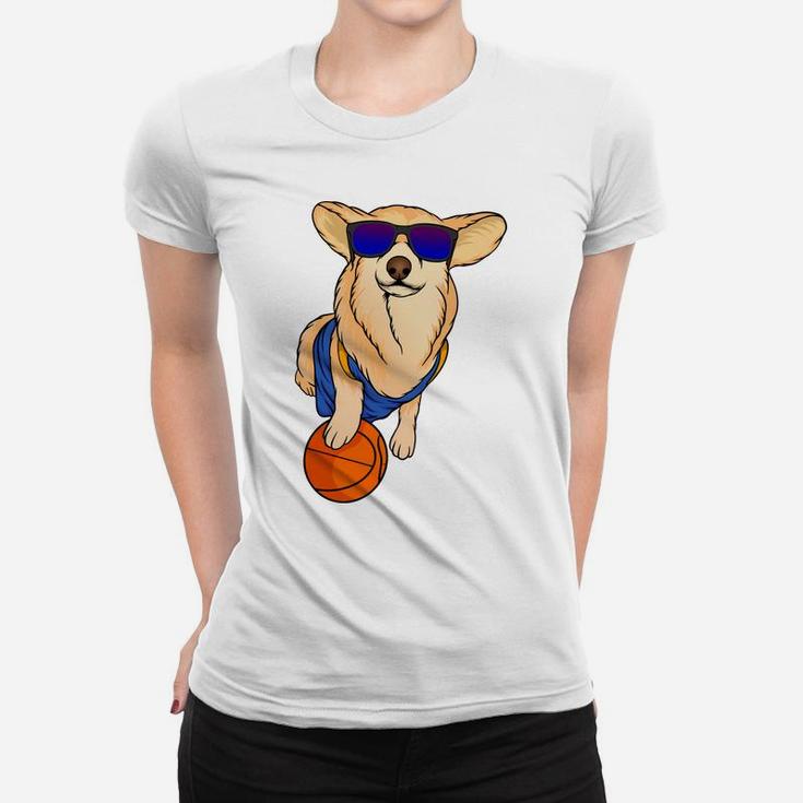 Cartoon Cute Corgi Dog Wearing Sunglasses With Basketball Women T-shirt