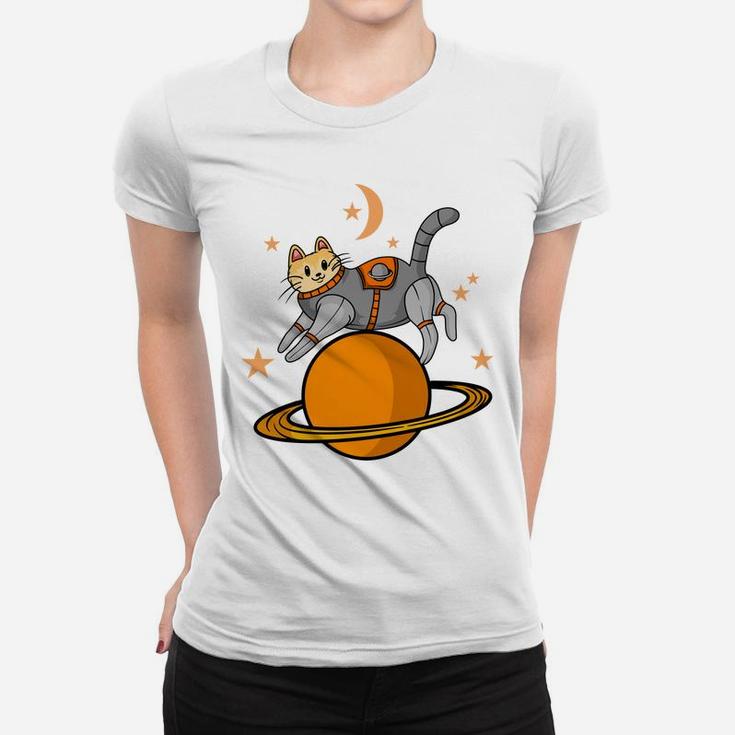 Cat Astronaut Flying In Space Cartoon Idea Pet Gift Women T-shirt