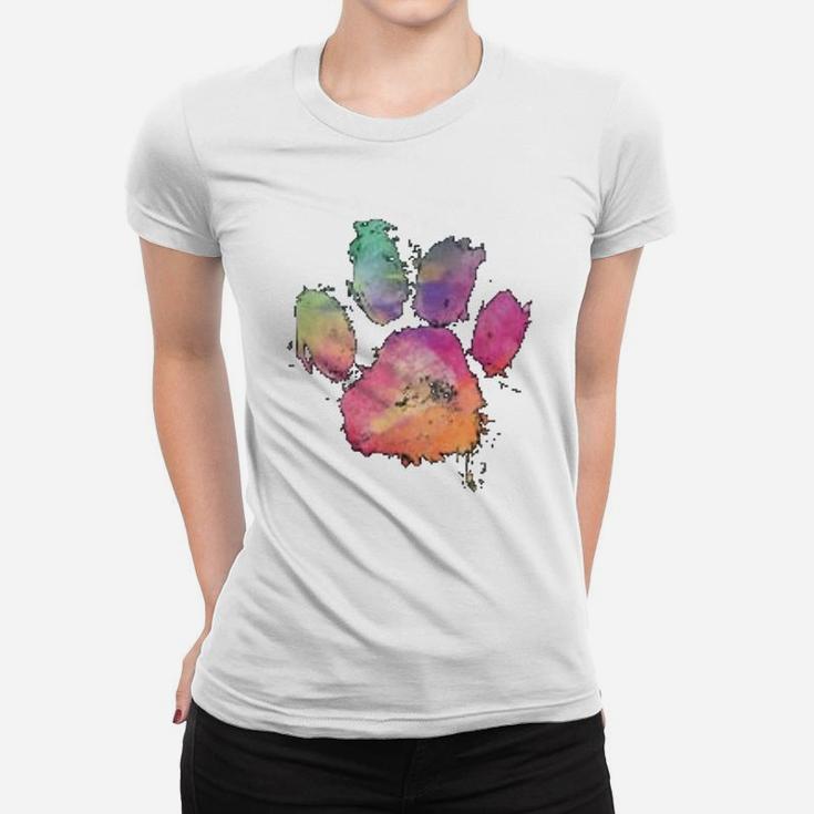 Cat Dog Paws Print Watercolor Rainbow Abstract Animal Lover Ladies Tee